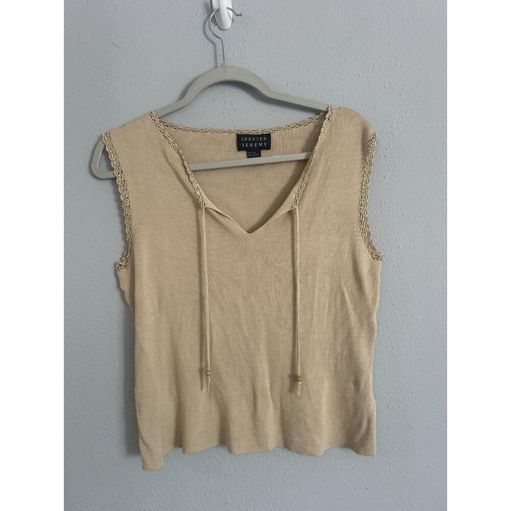 Spenser Jeremy Silk Blend Knit Tank Top Beige Sleeveless V Neck Y2K Women's L - Picture 2 of 7